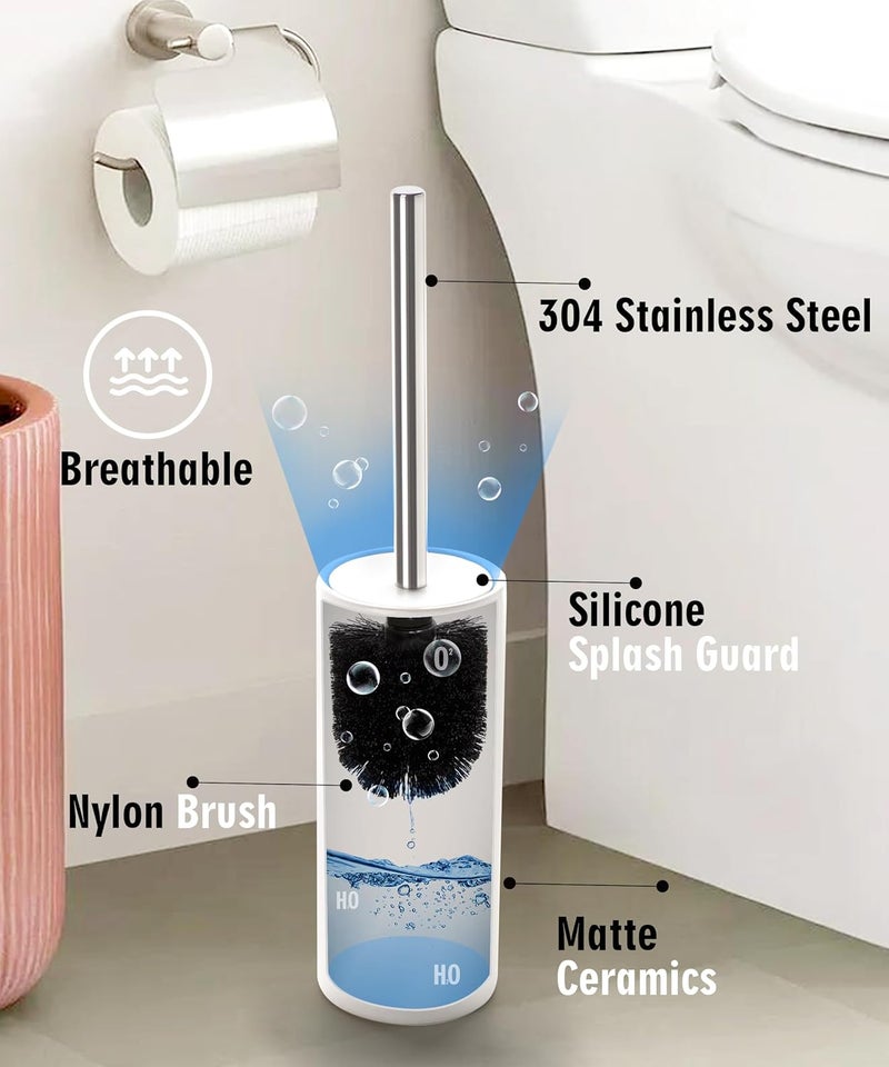 Viosuniu Matt White Ceramic Toilet Brush and Holder Set, Freestanding Toilet Bowl Cleaners Brush, Scrubber Brush for Toilet, Bathroom Accessories with Stainless Handle, Deep Cleaning - Image 4
